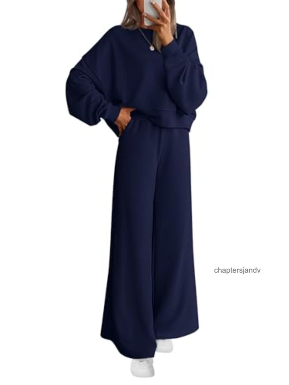 Womens 2 Piece Sweatsuit Set Cotton Poly Crewneck Wide Leg Lounge Set